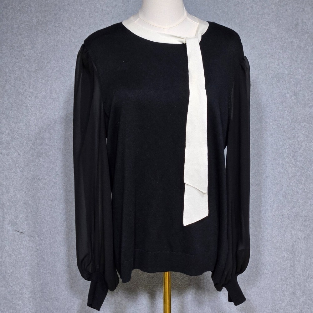 CeCe Sweater‎ Top Women X-Large Rich Black Pullover Tie Neck Y2K Classic Western